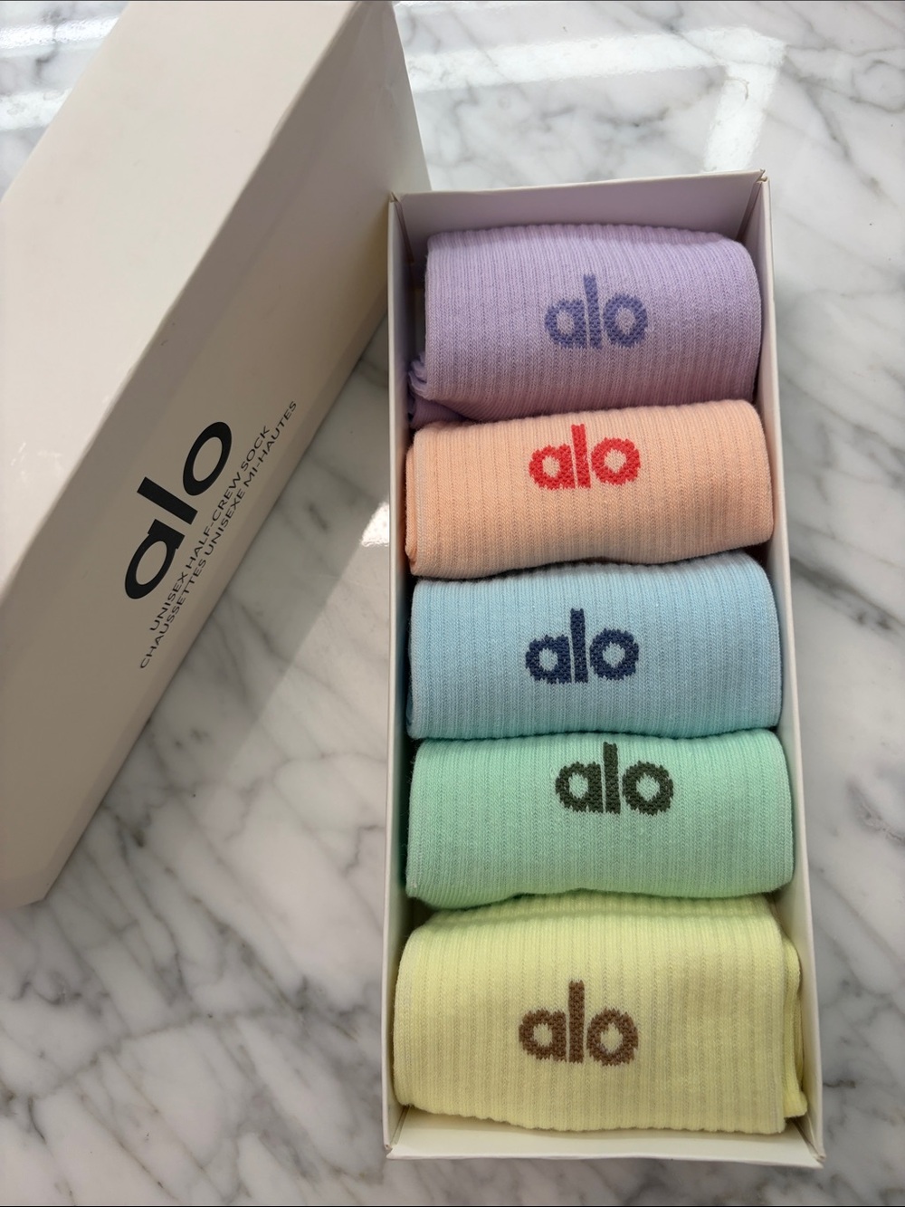 Alo Pastel Ribbed Half Crew Sock Pack - Lavender, Peach, Blue, Mint, Lemon